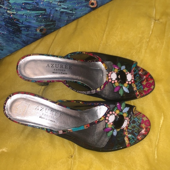 Azuree Cannes Size 5.5 Beaded Mesh Open Toe Chunk Heels - Picture 2 of 16